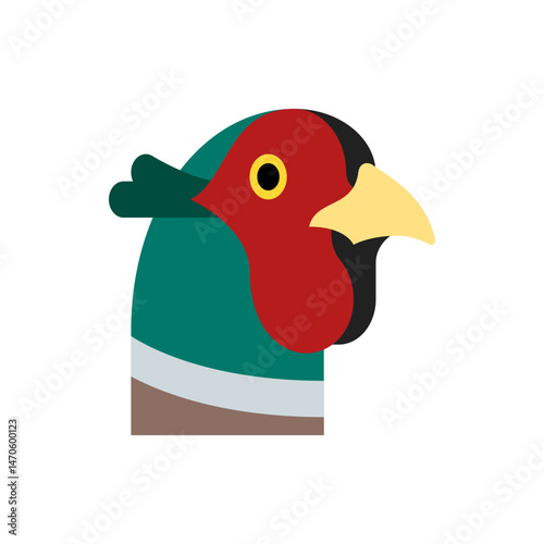Illustration of a pheasant head with red face, yellow beak, and green and brown neck plumage design