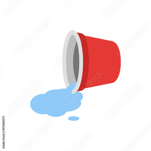Red plastic cup tipped over with light blue liquid spilling out onto a white surface in a cartoon style