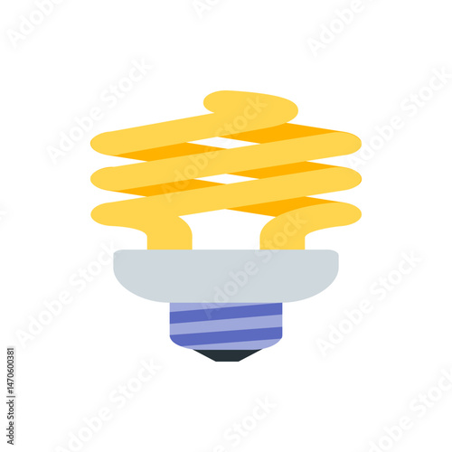 A close up of a yellow compact fluorescent lightbulb with a gray base and a blue and gray screw base