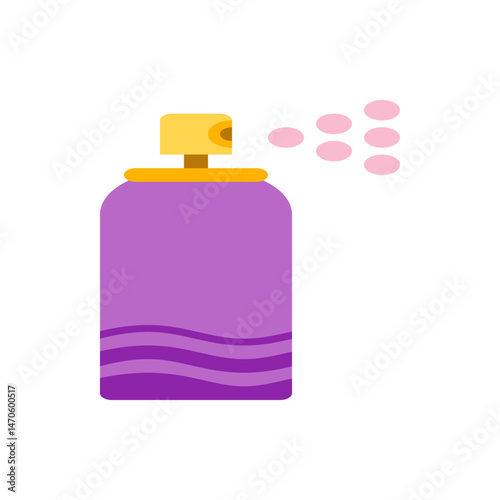 Illustration of a purple spray bottle with a yellow nozzle emitting pink circles on a white background