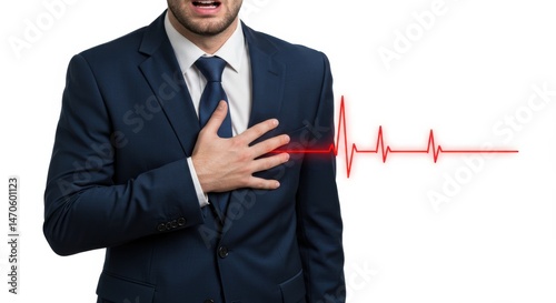 Businessman heart issue concept with red pulse icon, chest pain symbol, corporate health risk, stress management visual, cardiac emergency warning, workplace wellness concern