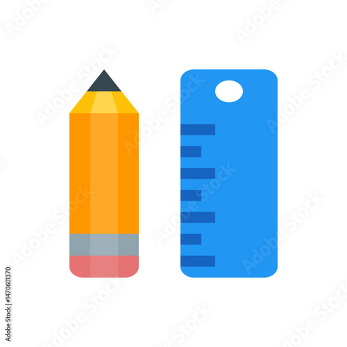 Illustration of a sharpened pencil with an eraser and a blue ruler with a hole and measurements