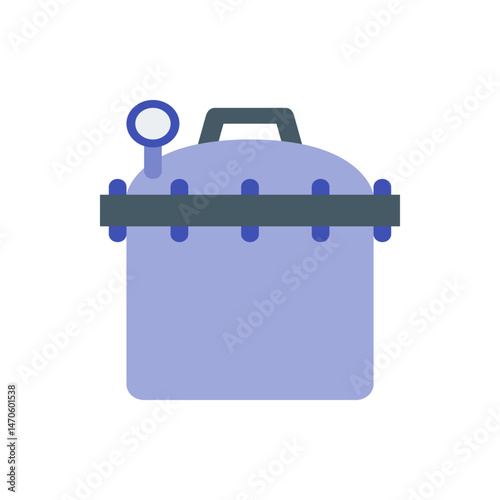Illustration of a light purple pressure cooker with a gauge and a dark gray handle and safety band