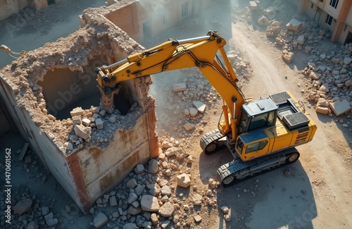 Yellow excavator demolishes old brick building. Heavy construction machine dismantles house. Demolition site with debris. Construction work with heavy machinery. photo