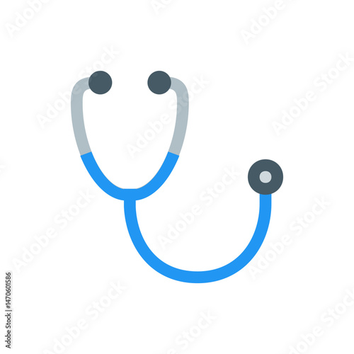 Illustration of a blue and gray stethoscope with ear pieces and chest piece on a white background
