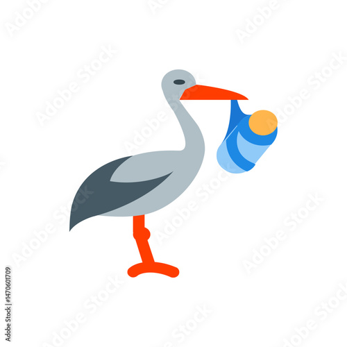 Illustration of a stork carrying a baby in a blue blanket with an orange head on a white background