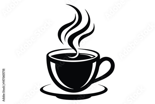 Minimalist black hot coffee cup with saucer shows swirling steam on transparent background