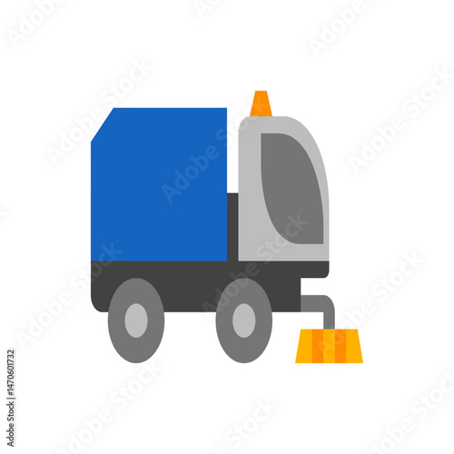 Illustration of a street sweeper truck with a blue container and orange light on a white background