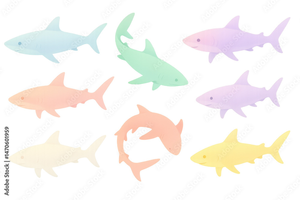 Obraz premium Colorful shark silhouettes icons set – vibrant sea life, simple designs. Flat icon set