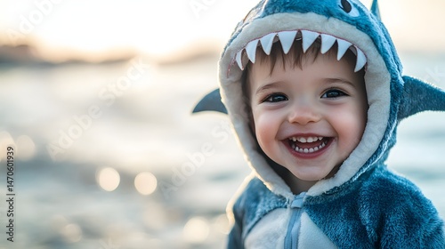 Child in a shark costume with a fin on the back and a toothy grin
