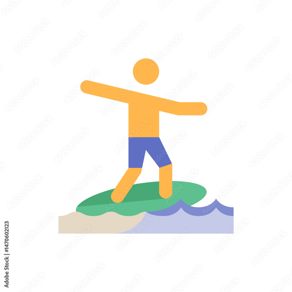 Obraz premium Illustration of a person surfing on a green surfboard with blue waves and a sandy beach scene drawn