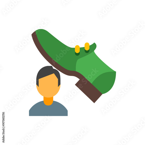 Illustration of a green shoe about to step on a person with orange face and gray hair and blue shirt