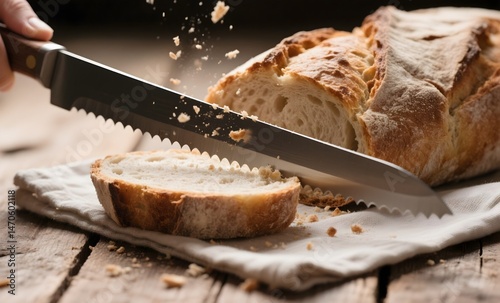 Serrated Bread Knife Slicing Through Golden-Brown Artisan Loaf on Rustic Wooden Table with Linen Cloth photo