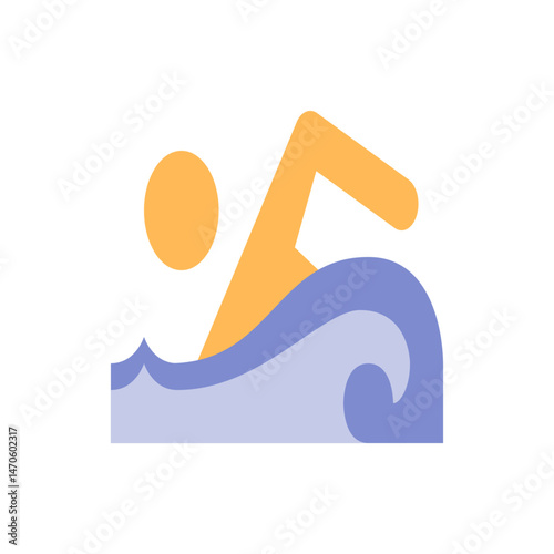 Illustration of a swimmer in the water with a yellow head and arm visible above the blue waves design