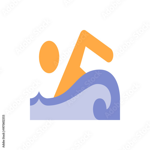 Illustration of a swimmer in orange with a circular head swimming in blue waves under a bright sun image