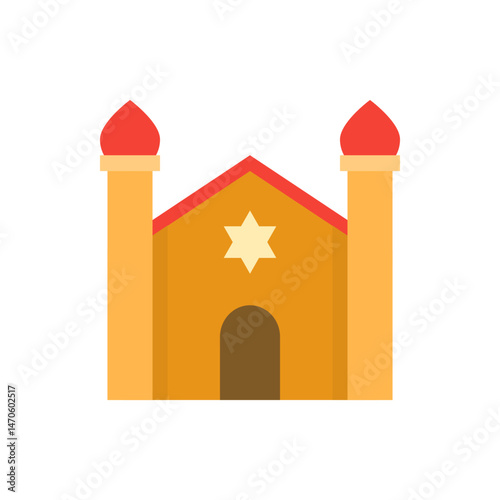 Illustration of a synagogue with two towers, a star of david, and a red roof and tower tops