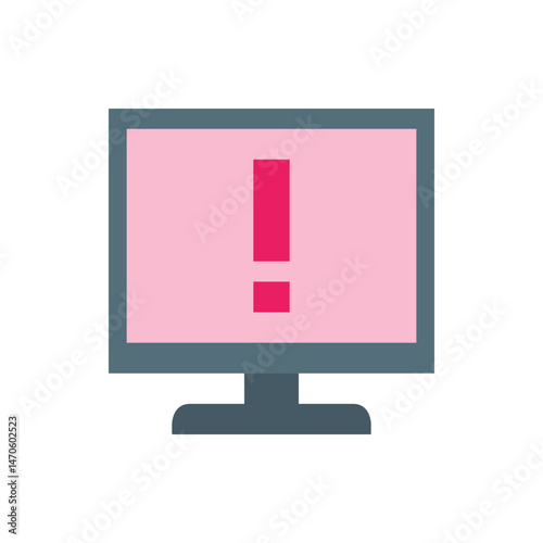 A computer monitor displaying a pink screen with a prominent pink exclamation mark in the center area