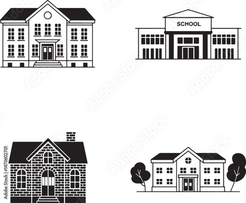 School building silhouette set vector illustration isolated On Transparent Background