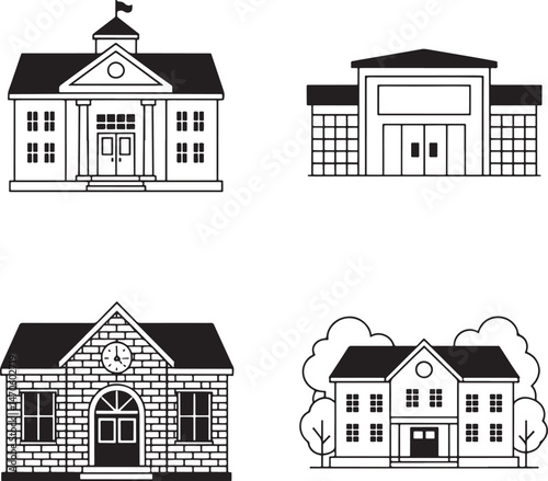 School building silhouette set vector illustration isolated On Transparent Background