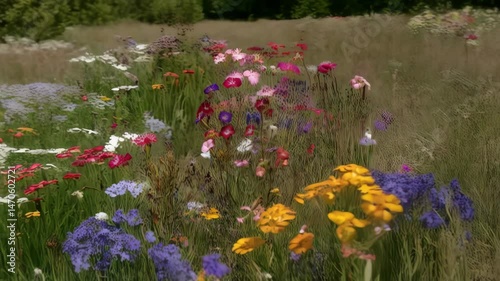 Vibrant field of blooming wildflowers, colorful blossoms in a naturalistic summer meadow, gentle breeze through tall green grass, dreamlike aesthetic