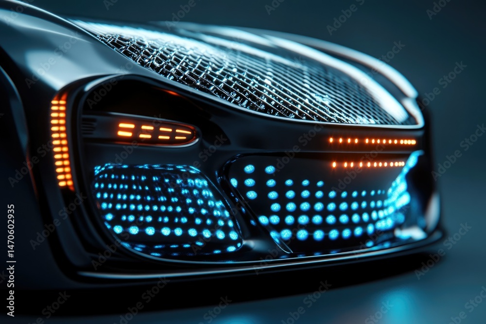 Close-up of futuristic car's front, showcasing innovative LED lighting and sleek design. Close-up of futuristic car's front, showcasing innovative LED lighting and sleek design.