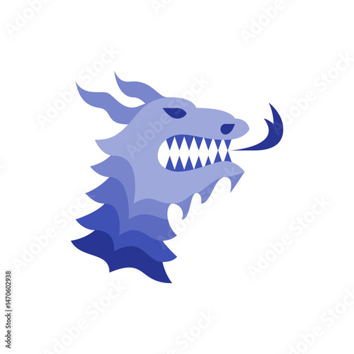 Illustration of a stylized blue dragon head with sharp teeth and a flowing tongue on a white background