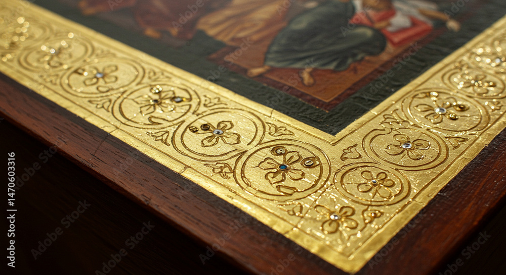 Fototapeta premium Gold leaf ornate border of religious icon art with floral design and jewel embellishments close up view