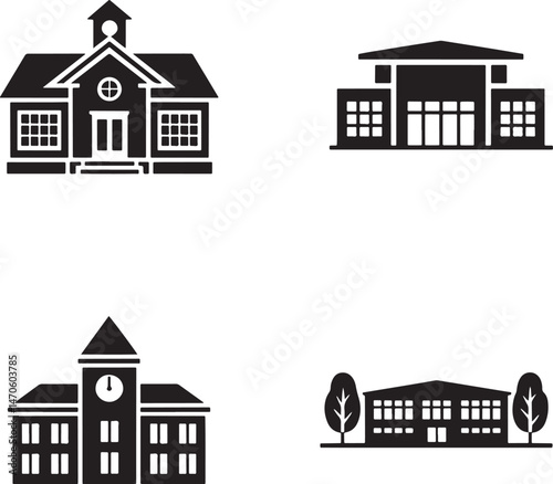 School building silhouette set vector illustration isolated On Transparent Background