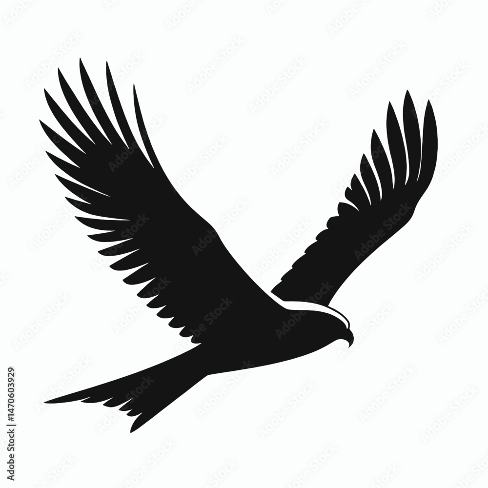 Obraz premium vector silhouette of a harrier bird gliding low, broad wings and tail, minimal style, white background 