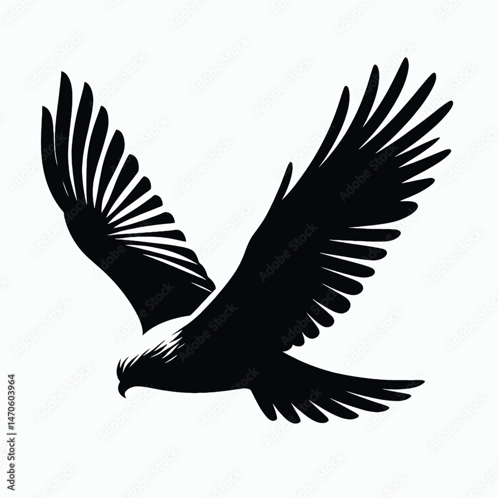 Obraz premium vector silhouette of a harrier bird gliding low, broad wings and tail, minimal style, white background 