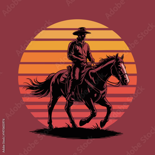 Retro Cowboy Silhouette Riding Horse at Sunset – Bold Western Illustration with Vintage Colors and Circular Gradient Design

