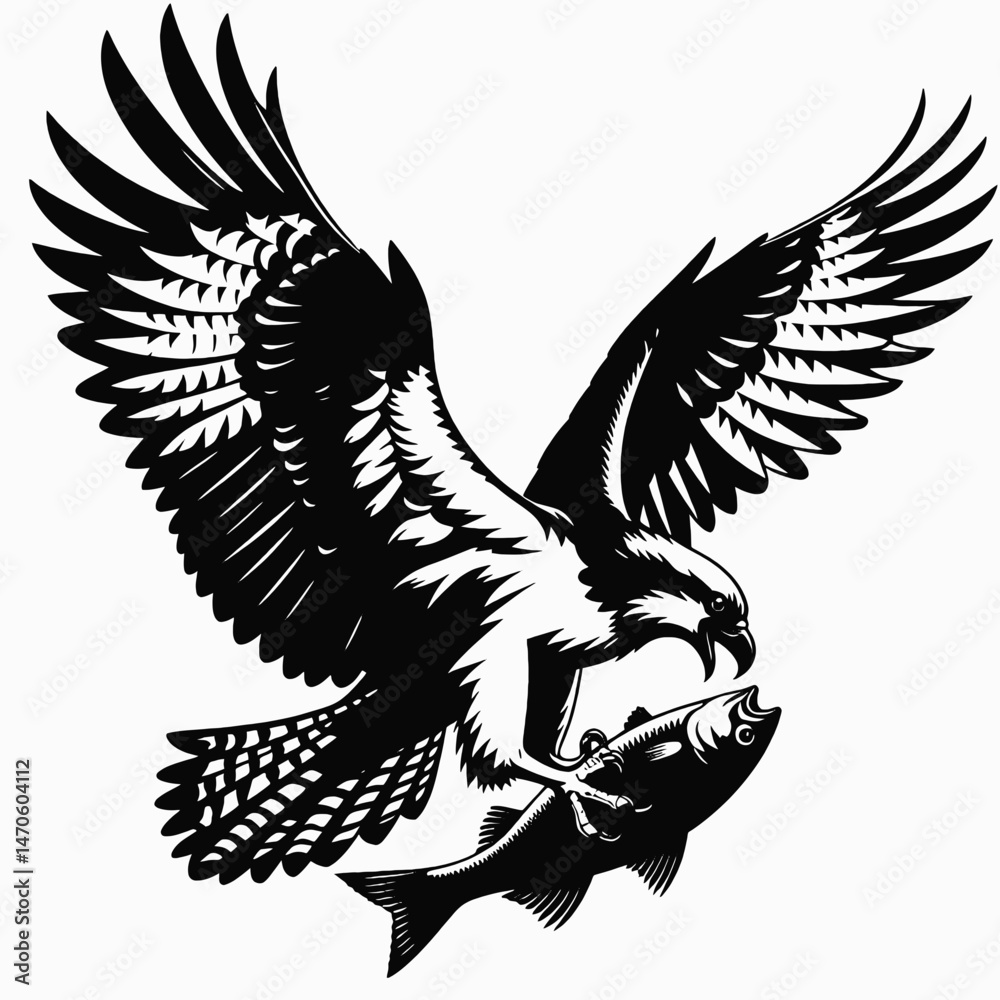 Obraz premium vector silhouette of an osprey with outstretched wings clutching a fish, dynamic form, white background 