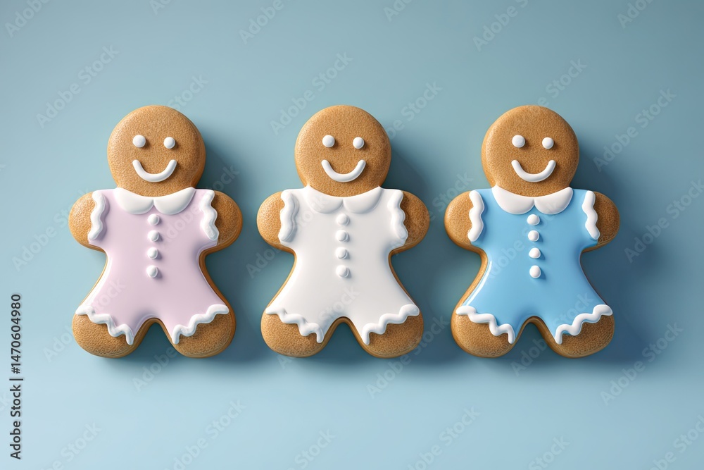 Naklejka premium Gingerbread Girls Holiday Cookies Blue Background.