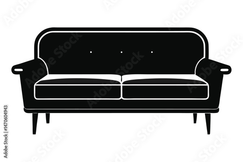 Front view shows a twoseater black sofa with white trim on transparent background