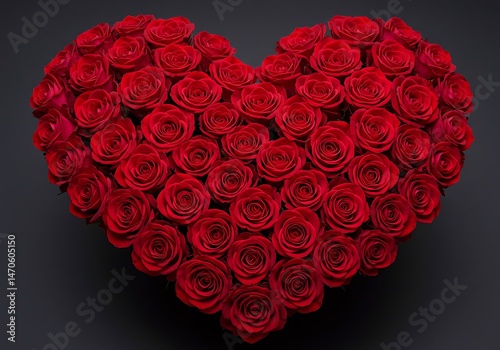 Heartfelt Blooms: An artistic arrangement of radiant red roses artfully shaped into a heart, embodying love and romance against a dark backdrop.