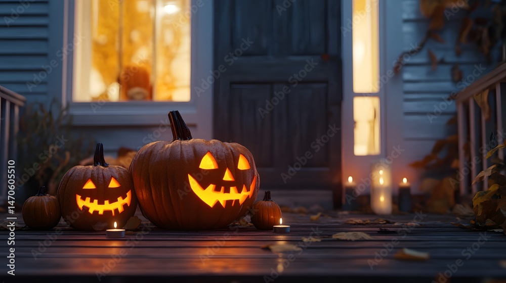 Fototapeta premium Pumpkins carved with scary faces arranged on a porch with candles