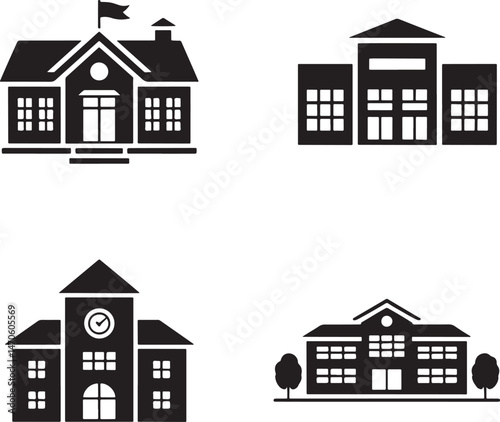 School building silhouette set vector illustration isolated On Transparent Background