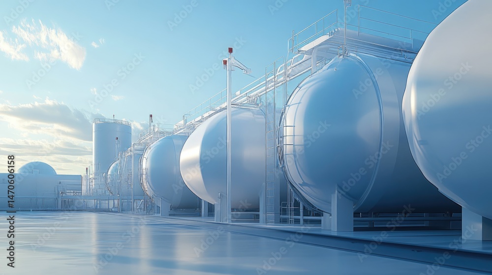 Obraz premium Modern Industrial Facility with Large Storage Tanks under Blue Sky