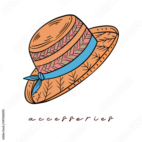 Summer elements collection accessories beach hat vintage style. Casual wear sun straw, and elegant hat. Beachwear vacation design
