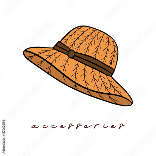 Summer elements collection accessories beach hat vintage style. Casual wear sun straw, and elegant hat. Beachwear vacation design