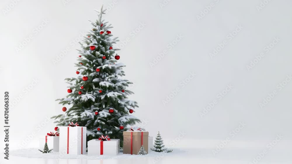 A snow-laden Christmas tree, brightly decorated with red ornaments, stands alongside selection of presents wrapped with red ribbons. The scene is set against white background, evoking seasonal mood.