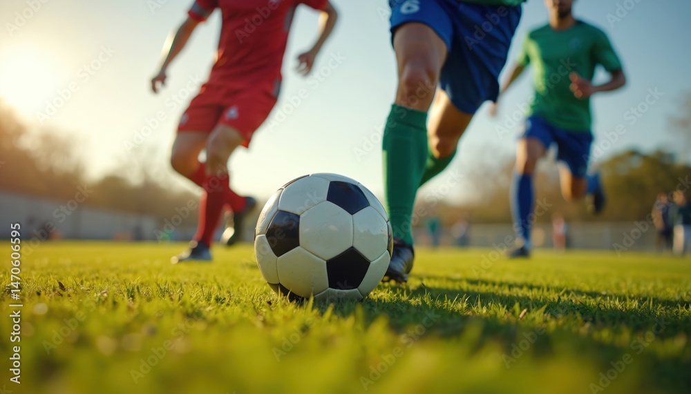 Obraz premium Soccer players in action during a match on a green field. Athletes run toward soccer ball, competitive game play at stadium. Active lifestyle. Outdoor sports activity. Football players on a sunny day.