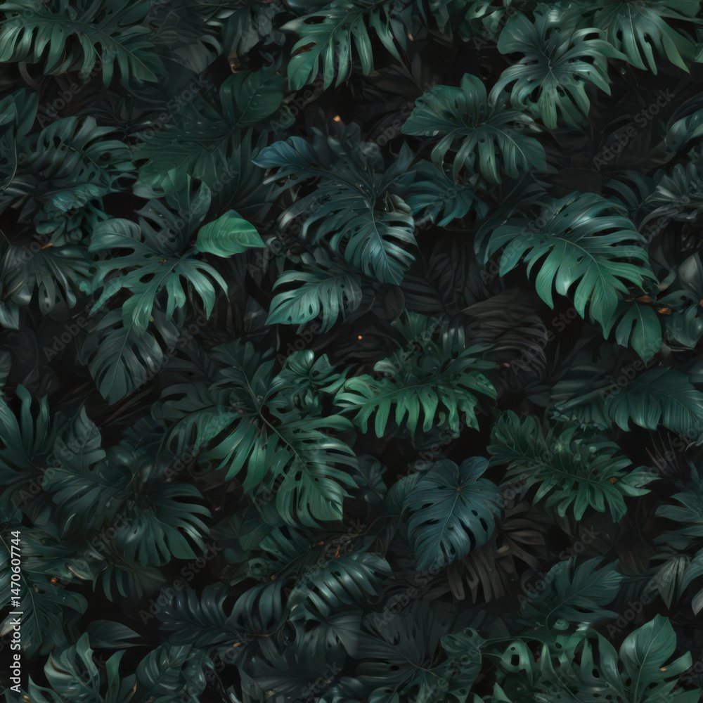 Fototapeta premium Intricate black & deep green tropical leaf pattern, abstract swirls , contrast, foliage