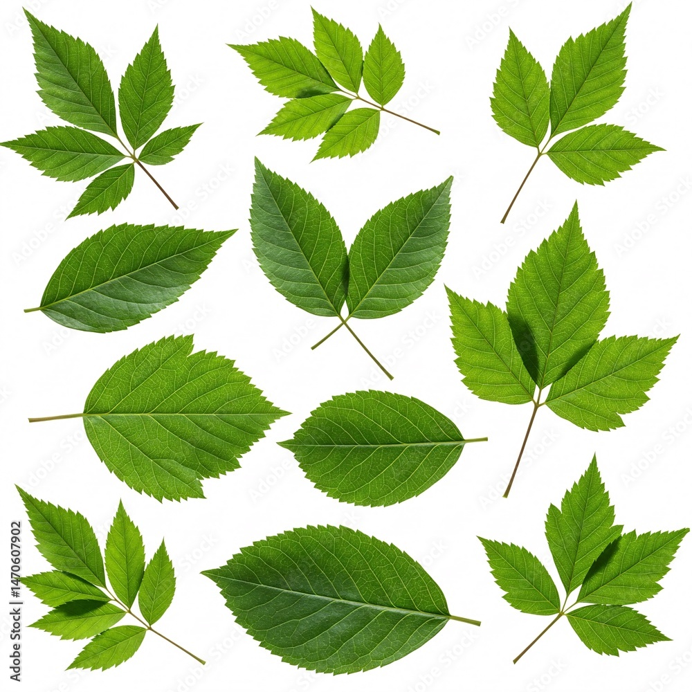 Various green tree leaves collected on a white background. Various green tree leaves collected on a white background.