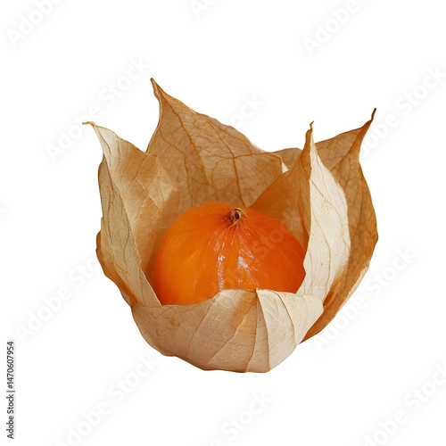 Physalis (cape gooseberry) in partially open papery husk, one fruit only, clean isolated.