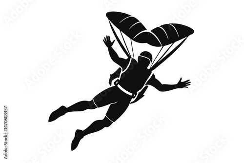Skydiving man with parachute enjoys the air in monochrome silhouette; it is on transparent background