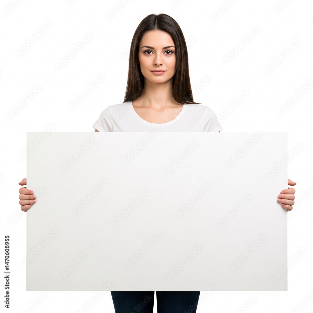 Young woman holding a large blank white poster isolated on white background. Young woman holding a large blank white poster isolated on white background.