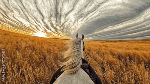 Equestrian vista, A horse's perspective on expansive golden fields beneath dramatic skies