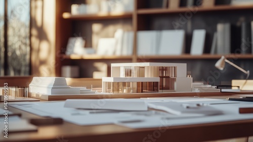 Modern House Architectural Model on Desk with Blueprint, Sunlight