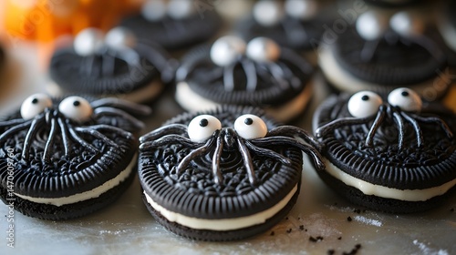 Oreo cookies with spider legs made from licorice and candy eyes